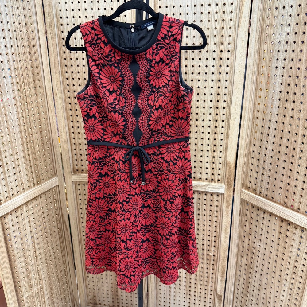 Tommy Hilfiger Floral Lace Dress Sleeveless Red Black‎ Women's